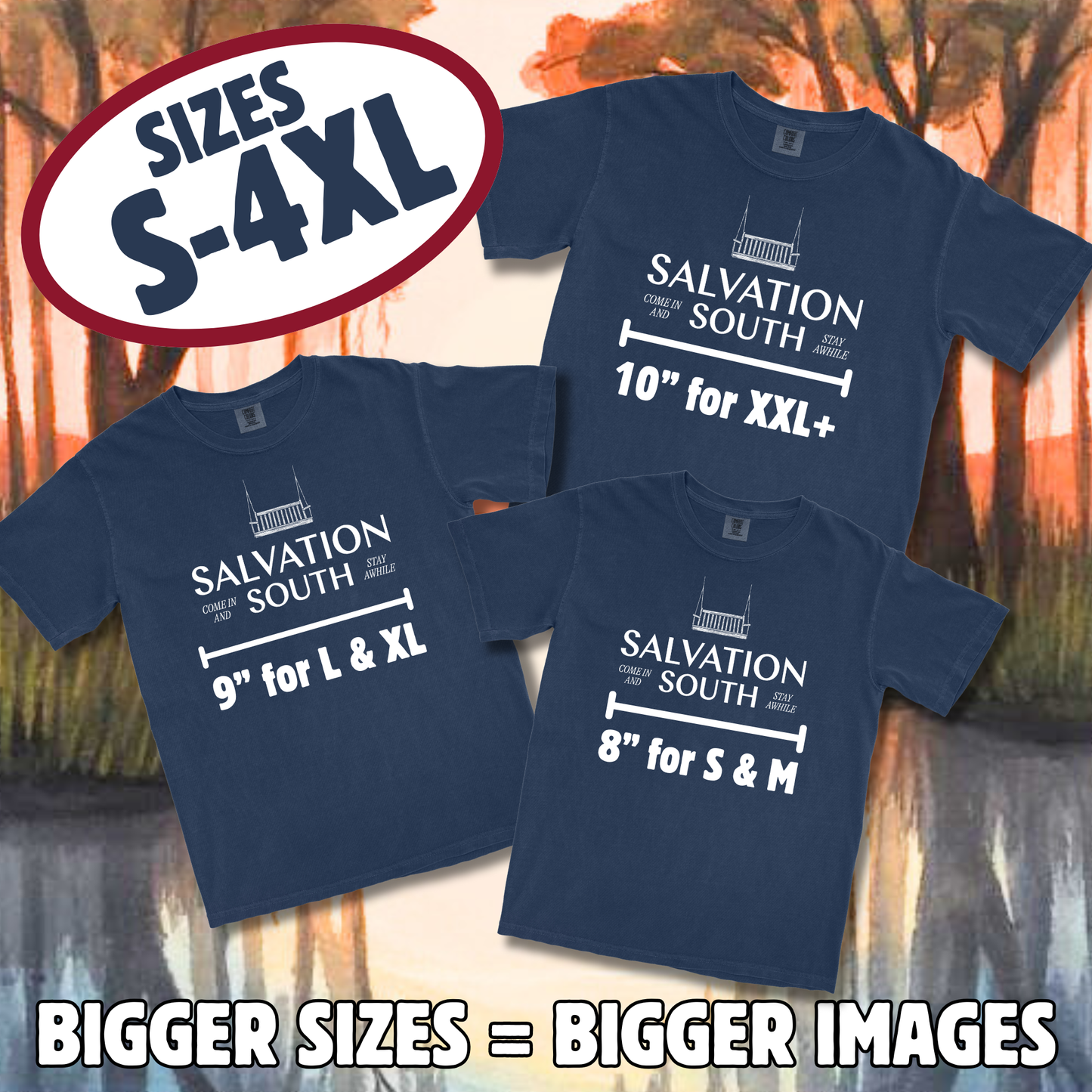 Three blue t-shirts with text on a nature-themed background