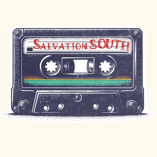 Cassette tape design with 'Salvation South' text on a white background